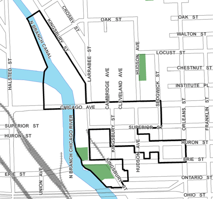 Chicago/Kingsbury TIF district map, roughly bounded on the north by Hobbie Street, Ohio Street on the south, Orleans Street on the east, and the North Branch of the Chicago River on the west.
